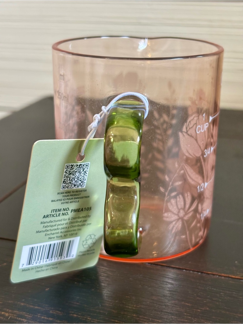 CWC Cook With Color 8oz Glass Pink Floral Measuring Cup Green Handle NEW - Picture 5 of 6